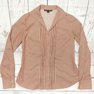 LAFAYETTE 148  Sz 2 Cotton TUCKS Brick Red White STRIPED Shirt BUTTON FRONT